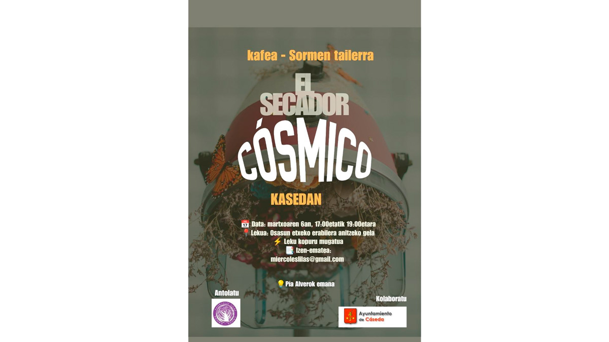 Cartel del taller El Secador Cósmico impartido por Pía Alvero en Cáseda.